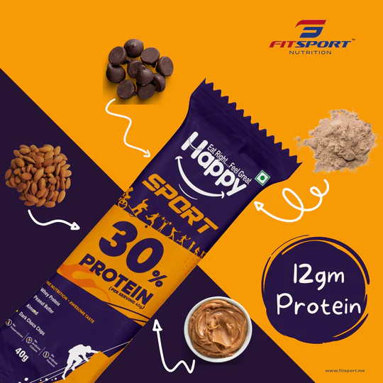 Fitsport - Happy Sport - Healthy Breakfast Snack - Meal Replacement Energy Bars - Contains Almonds, Whey Protein, Peanut Butter, Dark Chocolate Chips & Rice Crisps | 240gm(40gm x 240 Bars, Pack of 6)