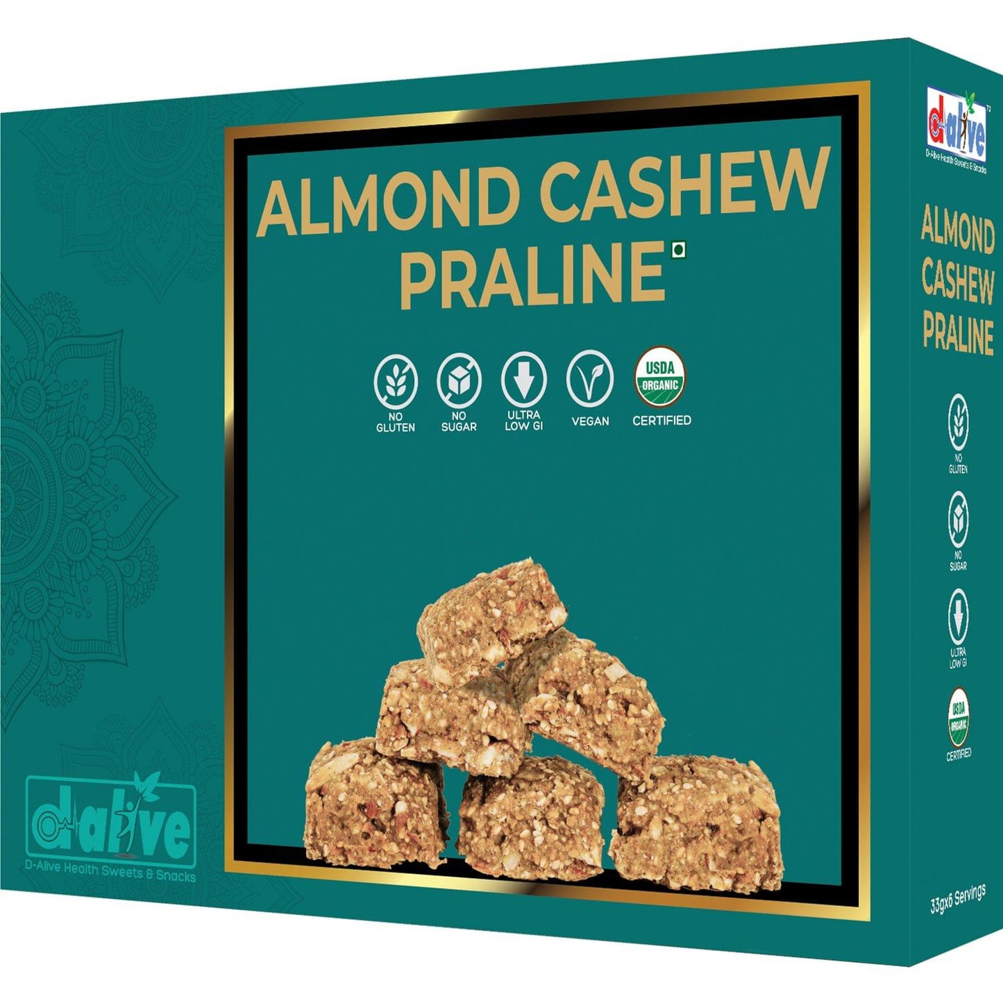 D-Alive Almond Cashew Praline Nutrient-Rich & Healthy Indian Sweets / Mithai / Snack- 200g (6 Servings) - (Sugar-Free, Gluten-Free, Ultra Low GI, USDA Organic Certified)