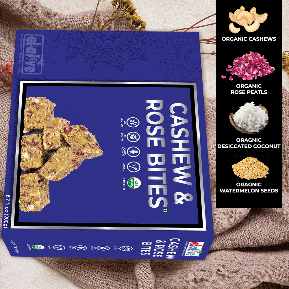 D-Alive Cashew & Rose Bites (Indian Sweets, Mithai) - 200g (USDA Organic Certified, No Gluten, No Added Sugar, No Artificial Sweeteners, Ultra Low Carb, Keto & Paleo Friendly, No Lactose, 100% Vegan, Nutrient Dense & Tasty Snack / Dessert)