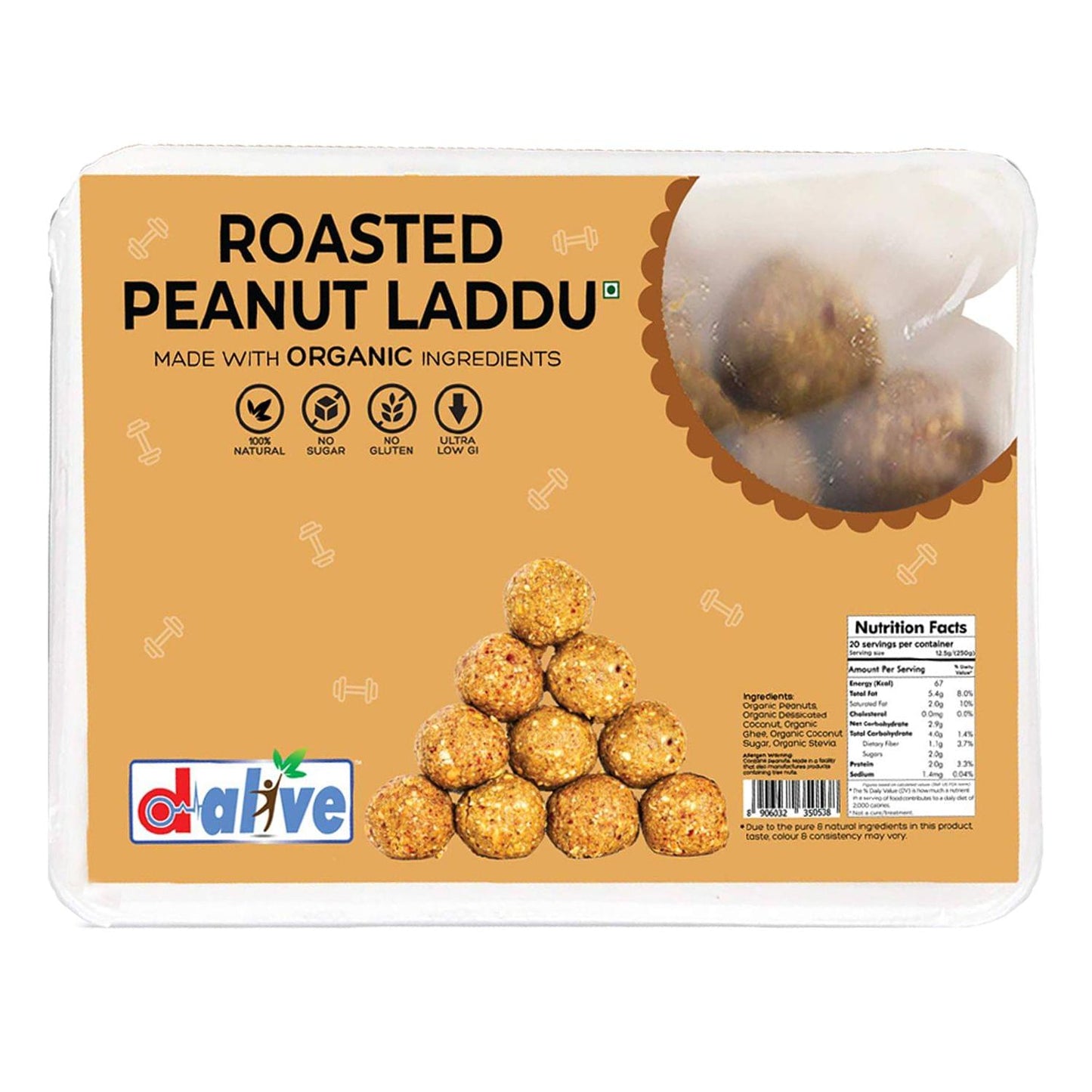 D-Alive Roasted Peanut Laddu/Ladoo - 250g (20 Servings) - (Sugar-Free, Low Carb, High Protein, Diabetes and Keto-Friendly) - Nutrient-Rich and Healthy Indian Sweets