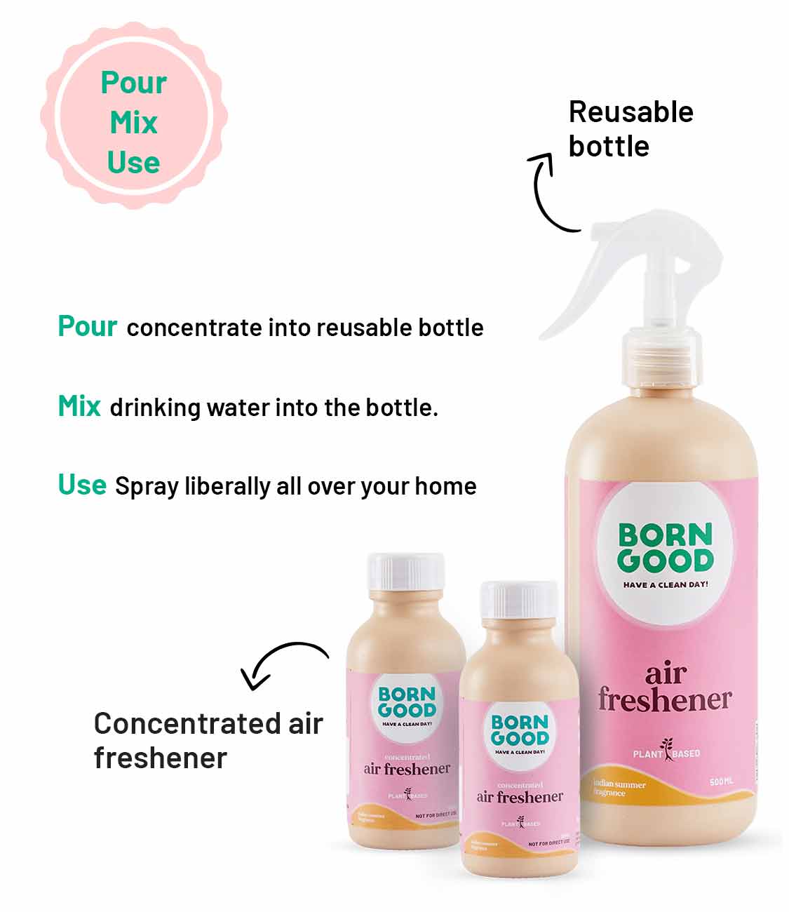Born Good Plant-based Air Freshener (Indian Summer) Concentrate Kit (Makes 1 L)