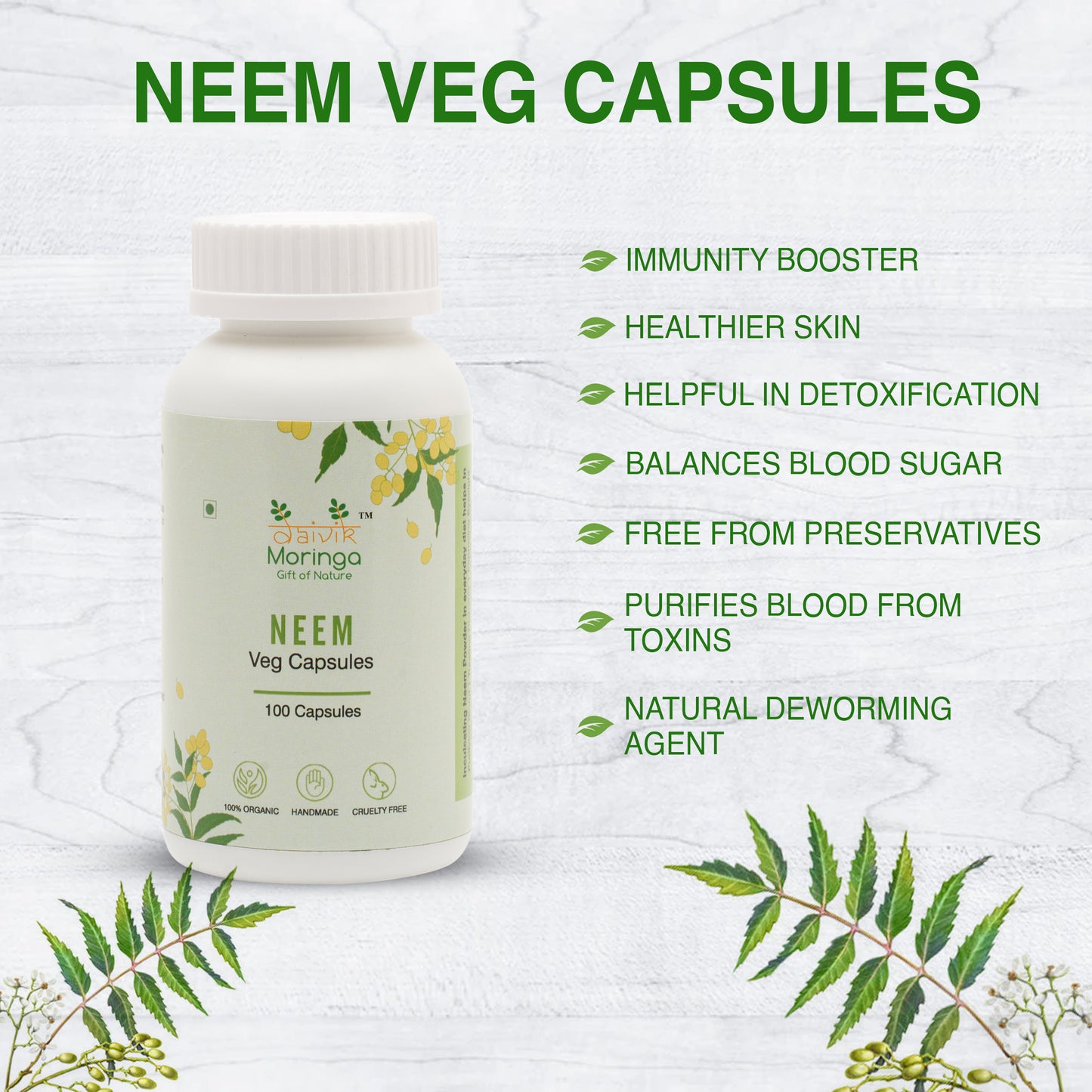 Daivik Moringa Neem Veg Capsules | 100% Natural | Detox, Skin Care, Anti Inflammatory | 100 Caps Each