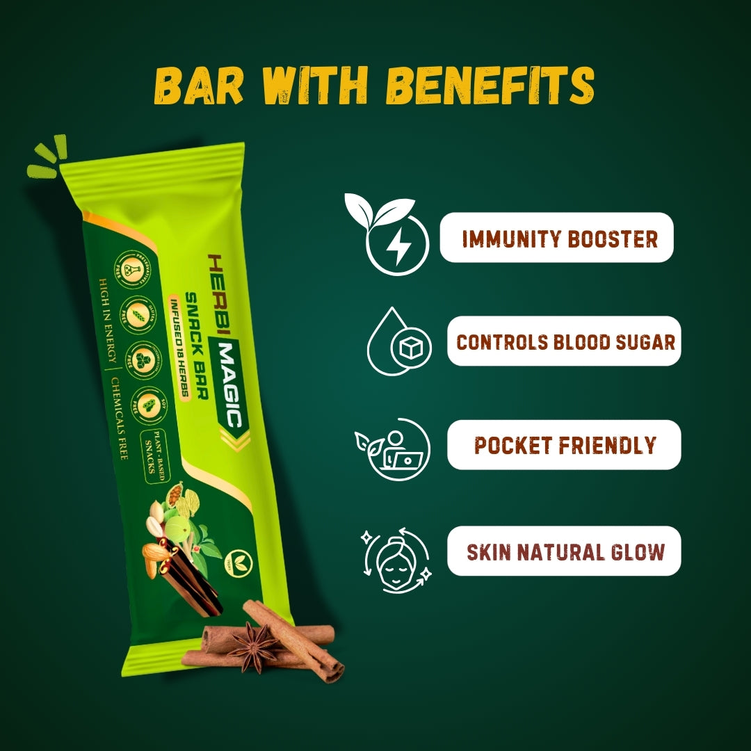 HERBI MAGIC Snack Bars – Pack of 10, 2.6g Protein Per Serve, 18 Herbs with Almond, Peanut, Holy Basil & Inknut, Plant-Based, Sugar-Free Protein Bars for Quick Breakfast, Running, Workouts & Travel