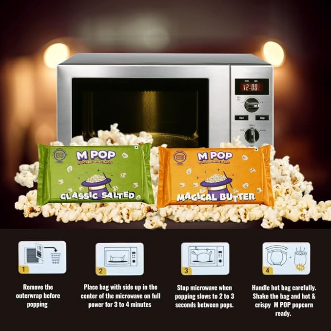 M POP Combo of Magical Butter & Classic Salted Microwave Popcorn Instant Popcorn with Magic | Theatre Like Popcorn at Home (Pack of 4, 2 Pieces each)