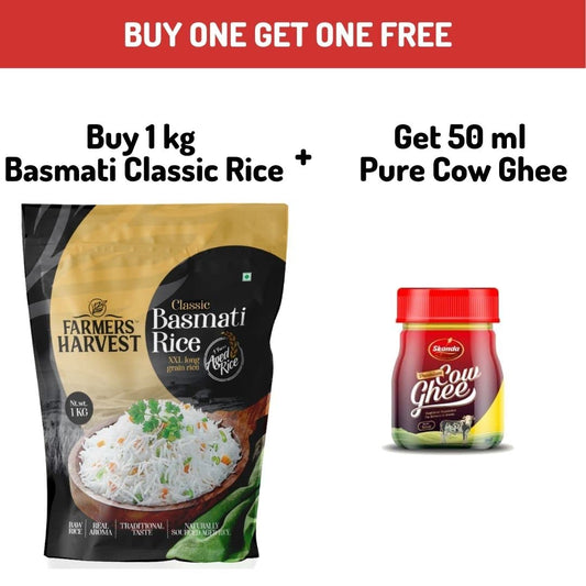 Buy Farmers Harvest Classic Basmati Rice - 1 KG | XXL Long Grain Rice & Get 50ml Pure Cow Ghee Free