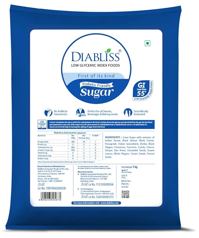 Diabliss Diabetic Friendly Sugar 5 kg Bag - Herbal Water for Blood Glucose Management 500ml Bottle pack of 2