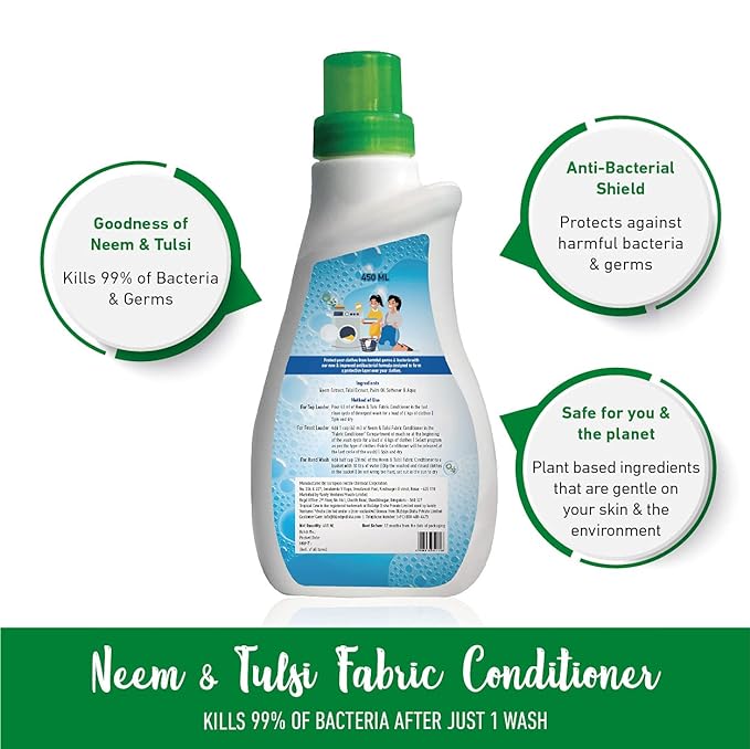 Tropical Dew Neem and Tulsi Fabric Conditioner and Softener-Kills 99% Bacteria - Combo pack of 2 each 450ml