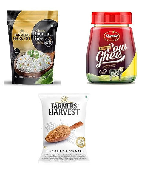 Farmers Harvest Multi Combo Pack of 3 - (Pure Cow Ghee - 200 ml Pouch, Premium Jaggery Powder - 500 g,  Classic Basmati Rice - 1kg)