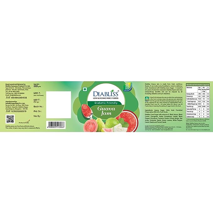 DiaBliss Diabetic Friendly Guava Jam Low Glycemic Index(GI) Sugar Free Alternative - (225g)