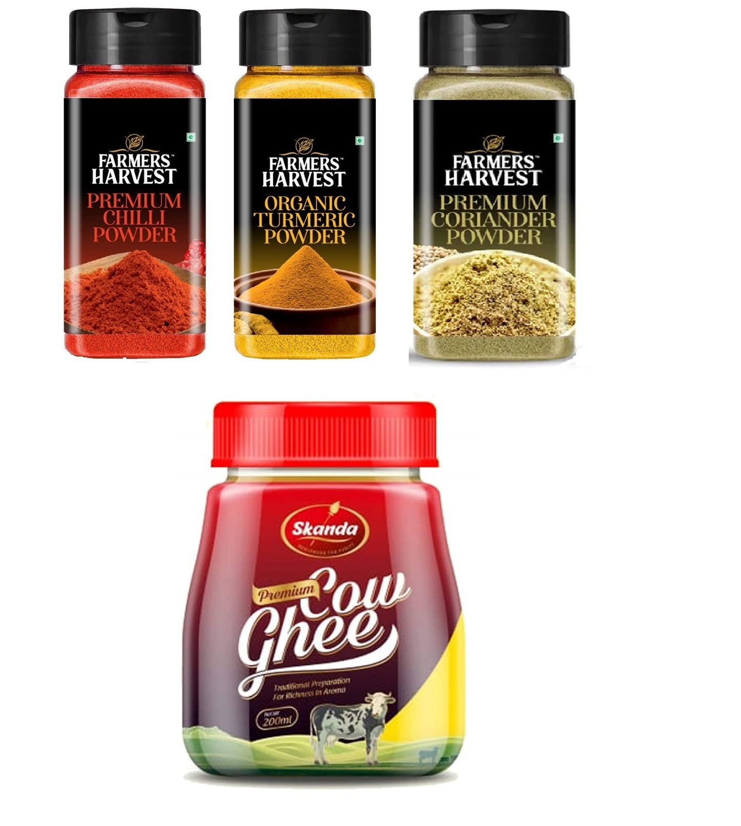 Farmers Harvest Multi Combo pack of 4 - Red Chilli Powder - 100g, Coriander Powder - 100g, Turmeric Powder - 100g and Pure Cow Ghee - 200ml Pouch