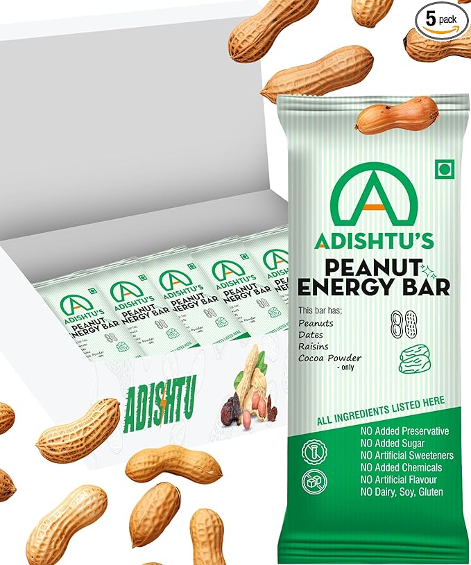 High Calorie Bars - Adishtu Energy Bars with Whole Peanuts, Raisins, Dates & Cocoa Powder - Yummy Snack Bars for Quick Breakfast, Snacking, Workouts, Sports, Campings & More - Box of 5