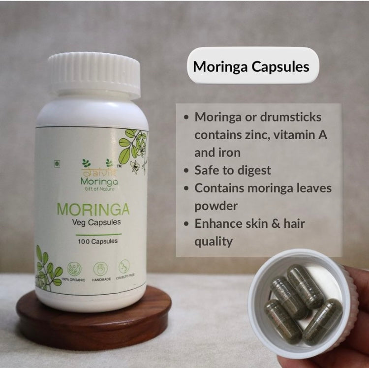 Daivik Moringa Veg Capsules | 100% Natural | Immunity Booster, Anti Aging, Anti Oxidant | 100 Caps Each