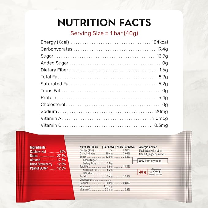 Energy Bars - Adishtu Fruit and Nut Bars with Dried Strawberries, Cashew, Peanut Butter, Almonds & Dates - Yummy Snack Bars for Quick Breakfast, Snacking, Workouts, Sports, Campings & More.