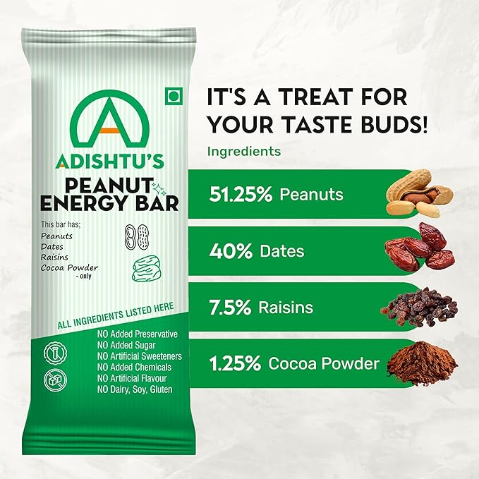 High Calorie Bars - Adishtu Energy Bars with Whole Peanuts, Raisins, Dates & Cocoa Powder - Yummy Snack Bars for Quick Breakfast, Snacking, Workouts, Sports, Campings & More - Box of 5