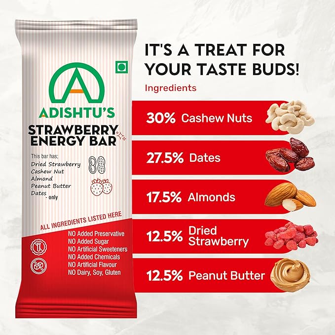 Energy Bars - Adishtu Fruit and Nut Bars with Dried Strawberries, Cashew, Peanut Butter, Almonds & Dates - Yummy Snack Bars for Quick Breakfast, Snacking, Workouts, Sports, Campings & More.