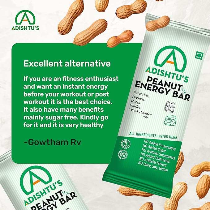 High Calorie Bars - Adishtu Energy Bars with Whole Peanuts, Raisins, Dates & Cocoa Powder - Yummy Snack Bars for Quick Breakfast, Snacking, Workouts, Sports, Campings & More - Box of 5