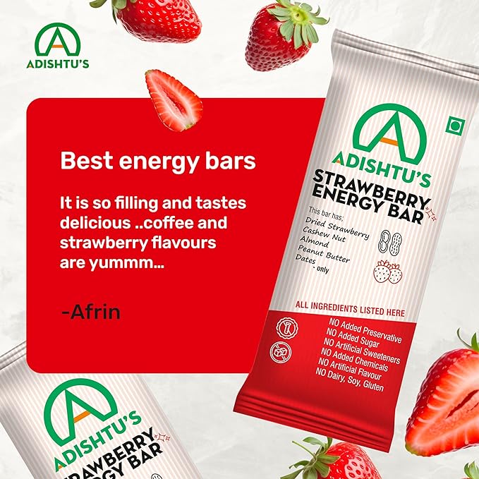 Energy Bars - Adishtu Fruit and Nut Bars with Dried Strawberries, Cashew, Peanut Butter, Almonds & Dates - Yummy Snack Bars for Quick Breakfast, Snacking, Workouts, Sports, Campings & More.