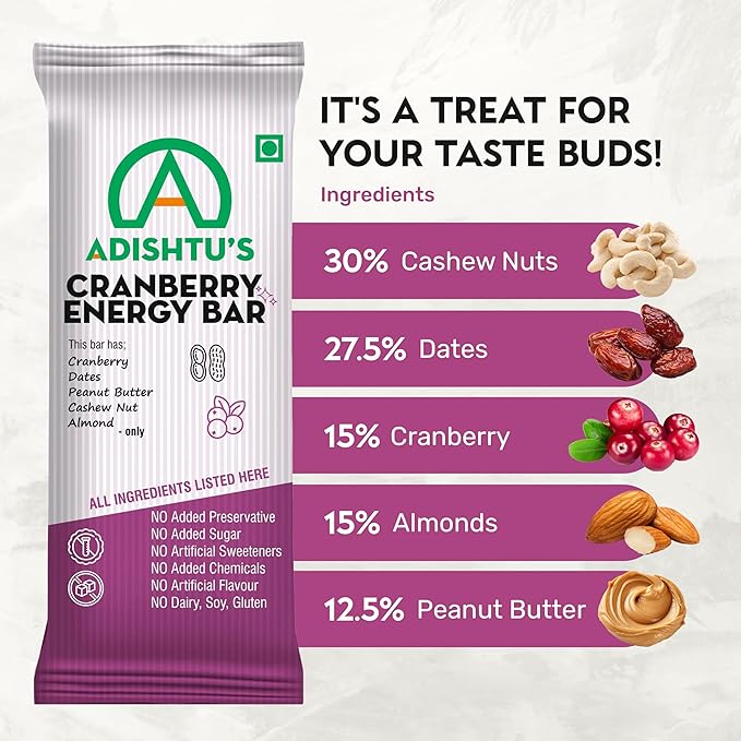 Energy Bars - Adishtu Fruit and Nut Bars with Cranberries, Cashew Nuts, Peanut Butter, Almonds & Dates - Yummy Snack Bars for Quick Breakfast, Snacking, Workouts, Sports, Campings & More - Box of 5