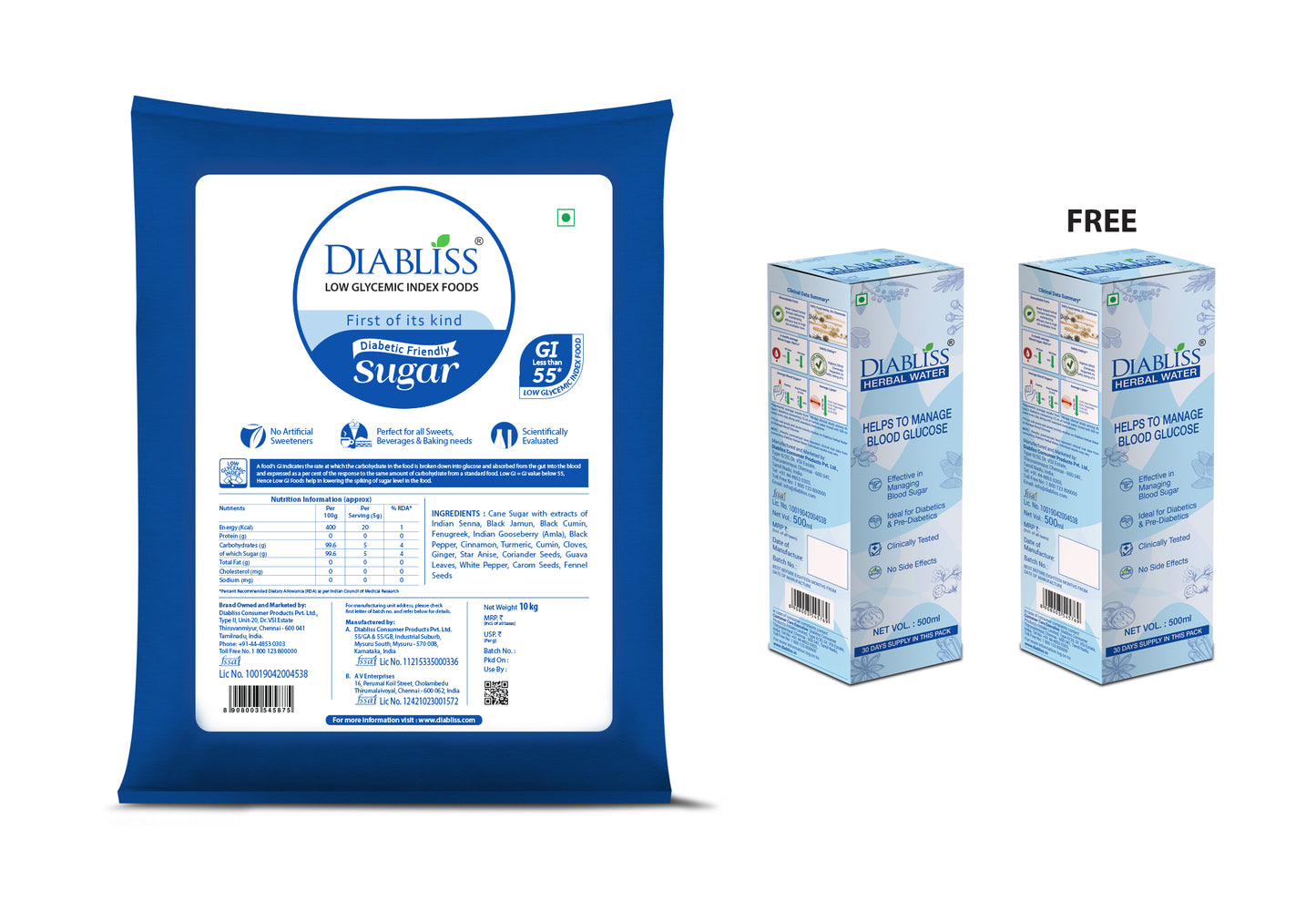 Diabliss Diabetic Friendly Sugar 10 kg Bag - Herbal Water for Blood Glucose Management 500ml Bottle pack of 2