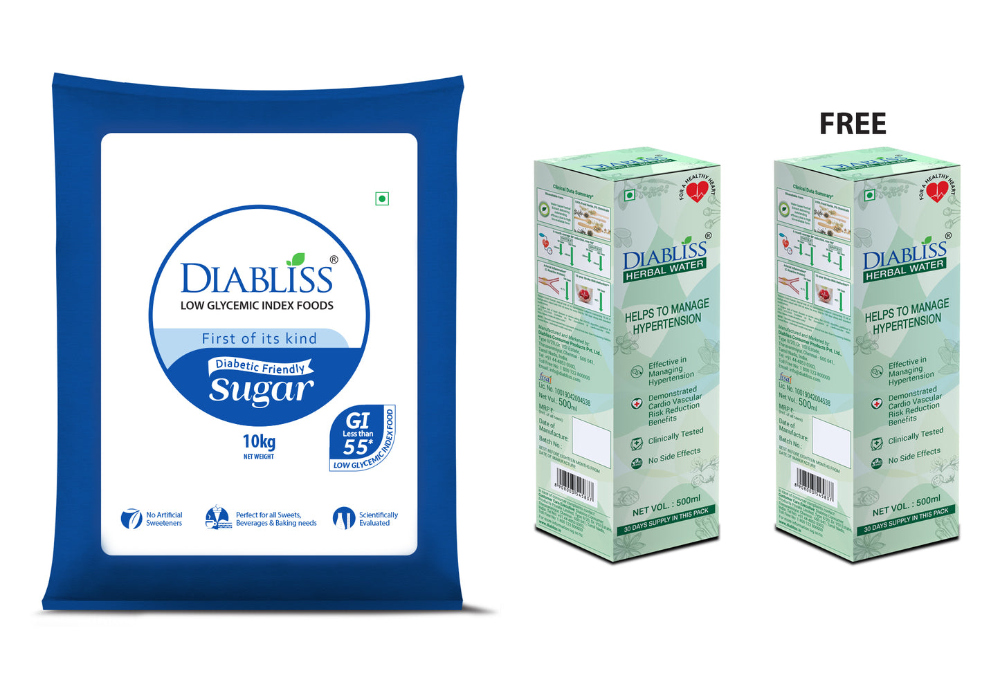 Diabliss Diabetic Friendly Sugar 10 kg Bag - Herbal Water for Hypertension Management 500ml Bottle pack of 2