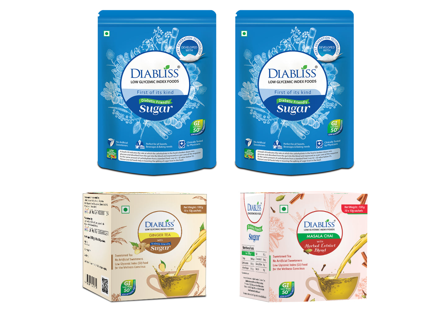 Diabliss Diabetic Friendly Sugar Pouch pack of 2, Masala & Ginger Tea Premixes Combo Pack - Low Glycemix Index Diabetic Friendly