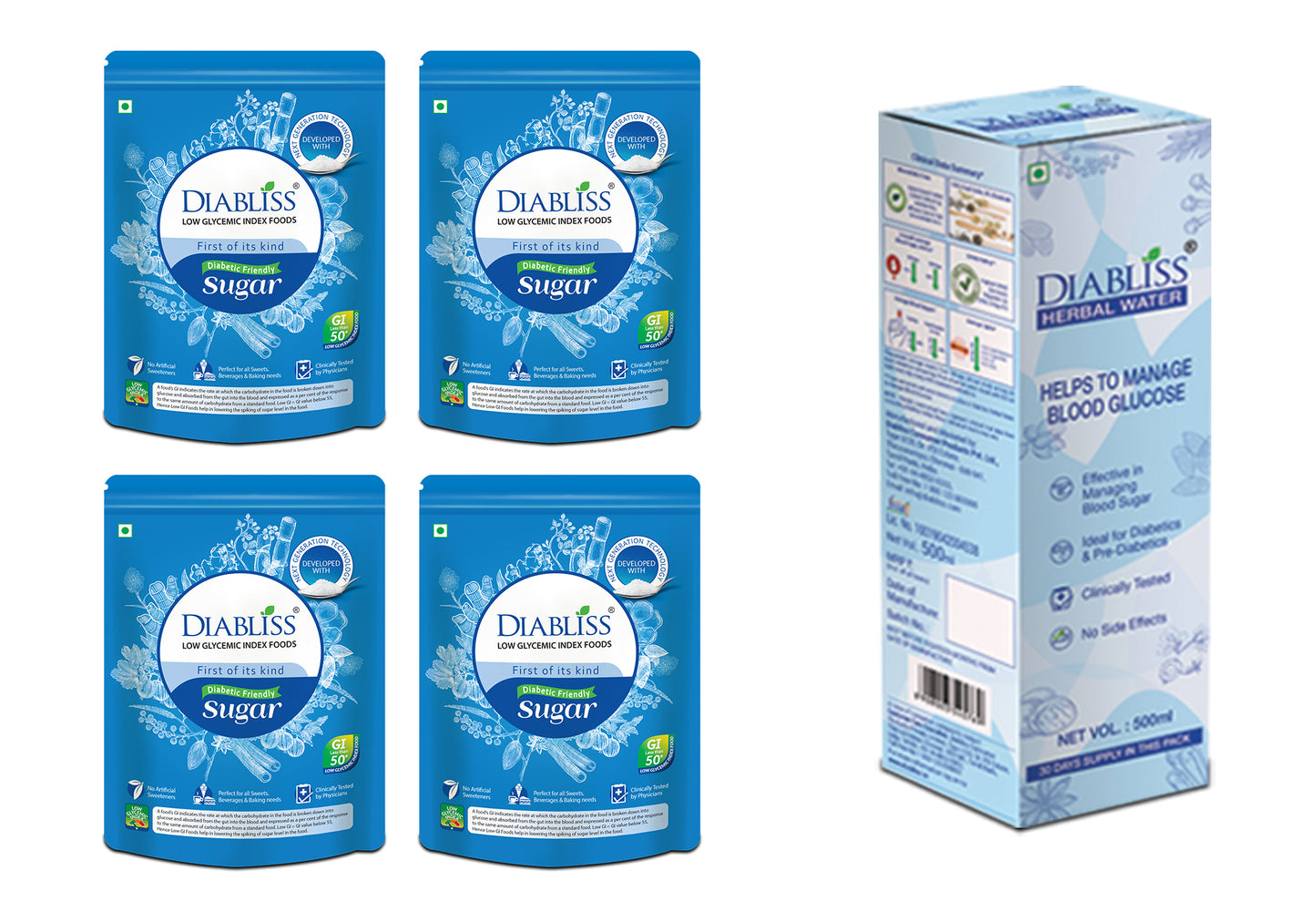Diabliss Diabetic Friendly Sugar 40 x 5g Sachet Box & Herbal Water for Blood Glucose Management Combo Pack