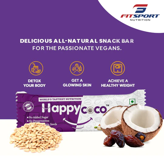 FitSport - Happy Coco Vegan Energy Bar - Healthy Vegan Snack Bar for weight loss - Gluten Free Snacks contain Coconut, Dry Fruits, Nuts and Seeds (Almond, Sunflower Seeds & pumpkin Seeds) with No Added Sugar - 180gm (30gm x 6 Bars, Pack of 6)