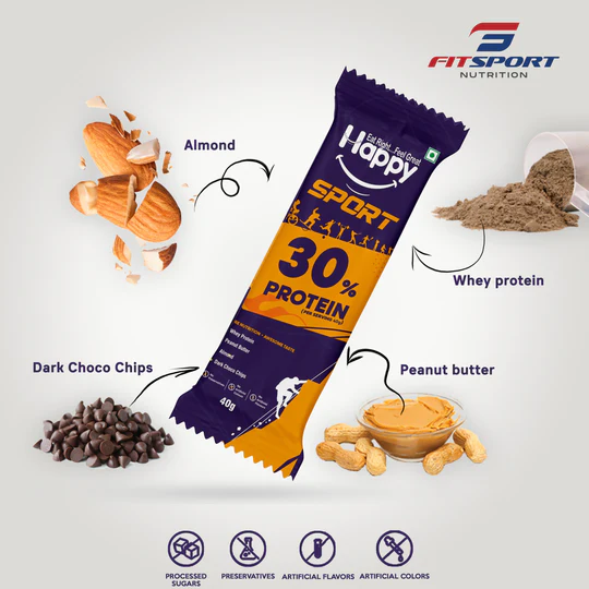 Fitsport - Happy Sport - Healthy Breakfast Snack - Meal Replacement Energy Bars - Contains Almonds, Whey Protein, Peanut Butter, Dark Chocolate Chips & Rice Crisps | 240gm(40gm x 240 Bars, Pack of 6)