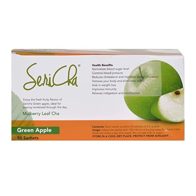 SeriCha Green Apple | Pack of 50 Sachets | Organic Mulberry Leaf Infusion | 100% Natural & Certified  Organic