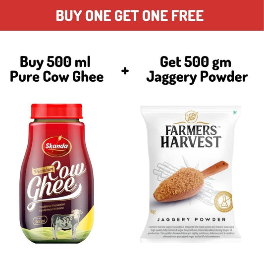 Farmers Harvest combo of 2 BUY Skanda Premium Cow Ghee 500ml and GET 500g Farmers Harvest Jaggery Powder Free
