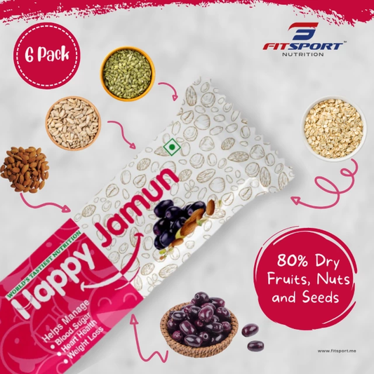 FitSport - Happy Jamun | Healthy Snack I More than 80% Dry Fruits (Black Jamun, Almonds,Sunflower & Pumpkin Seeds,) | Pack of 6 Nutrition Bars 30 gm each - 180 Gm
